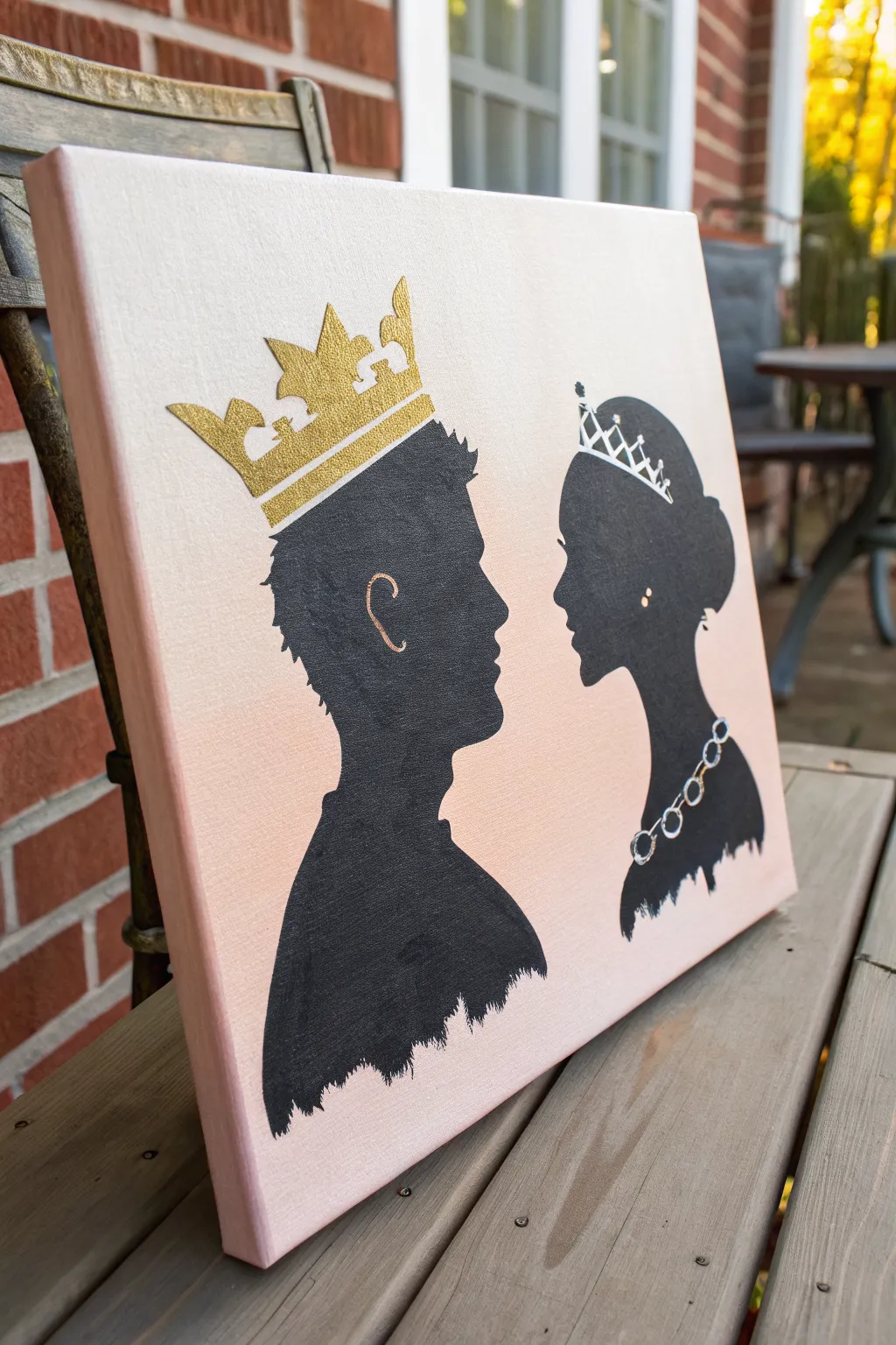 Minimal king and queen silhouettes with floating crowns on a soft gradient, calm and modern.