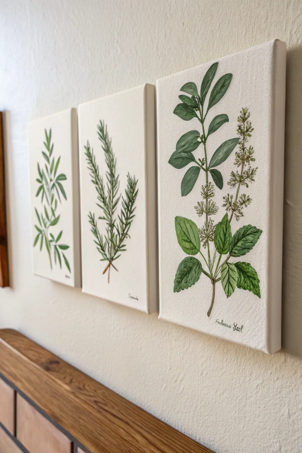 Minimal herb botanical canvas set with rosemary, basil, thyme for calm kitchen wall styling