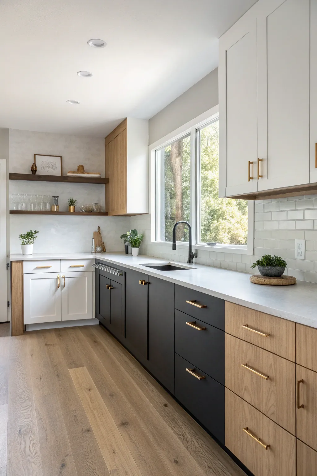 Classic two-tone cabinets with bright uppers and deep lowers, grounded by a pale countertop
