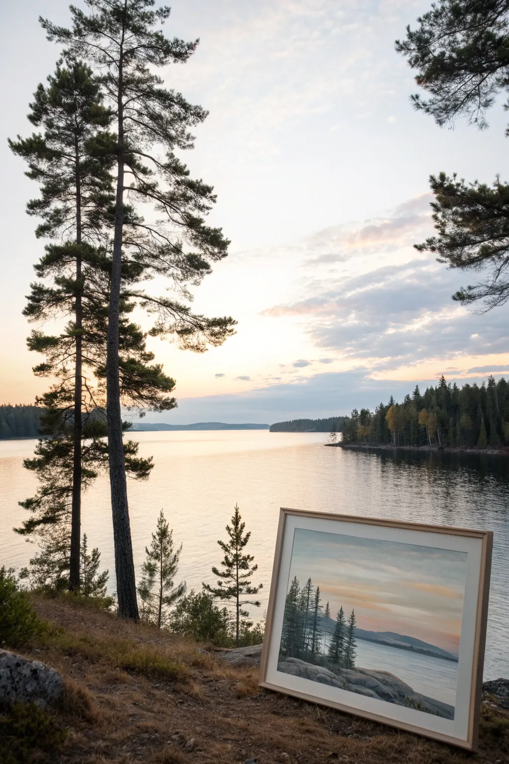 Minimal pine silhouettes frame a luminous lake, a calm high-contrast scene to paint