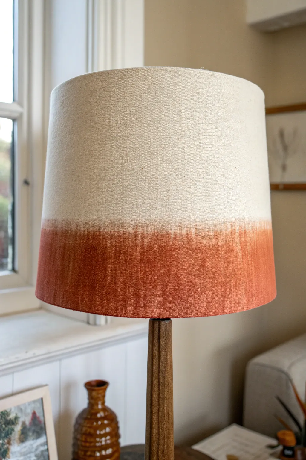 Soft ombre lampshade fade from blush to terracotta, glowing in daylight and warmly lit.