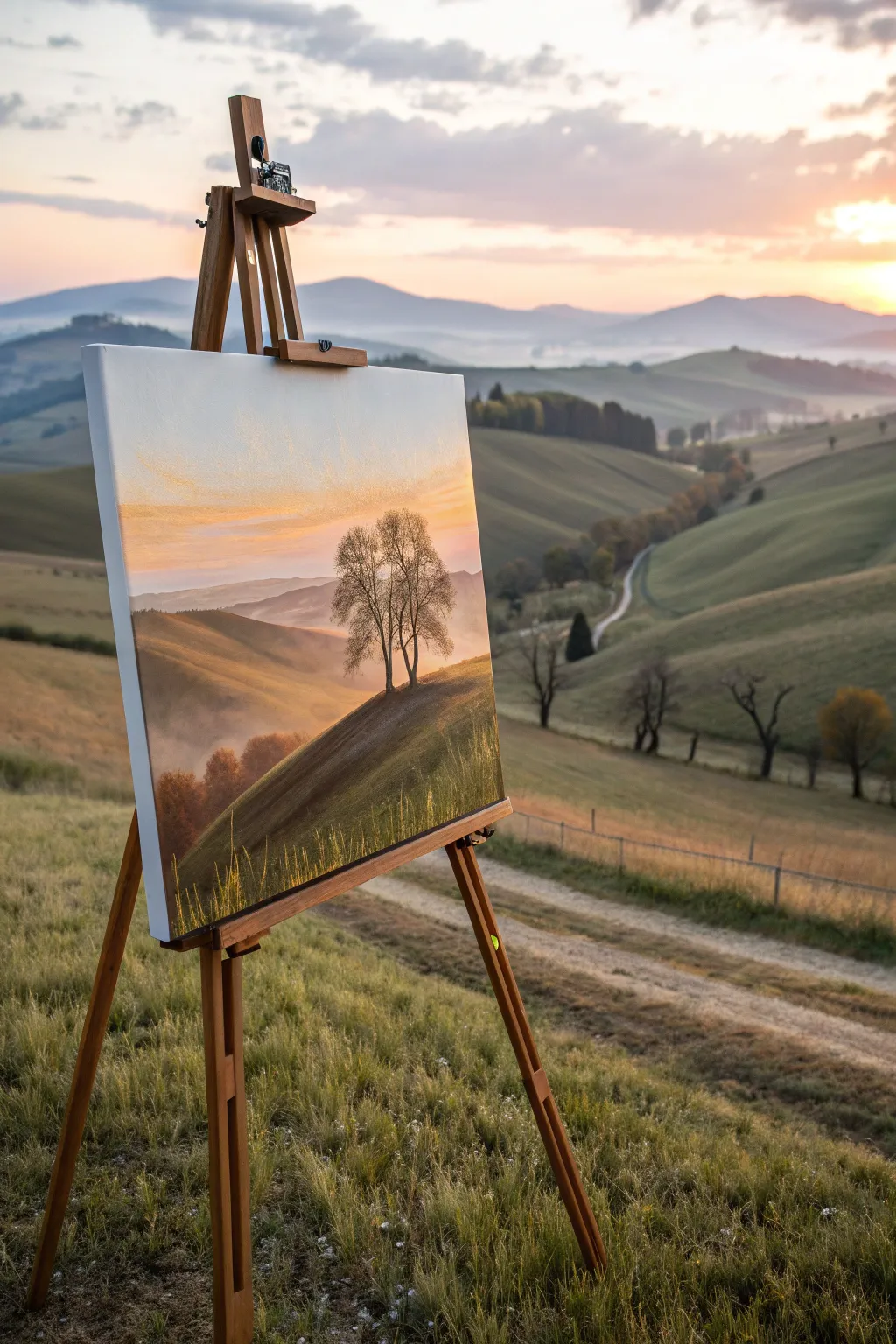Golden sunset over rolling hills, layered shapes and silhouettes in a calming minimalist oil style