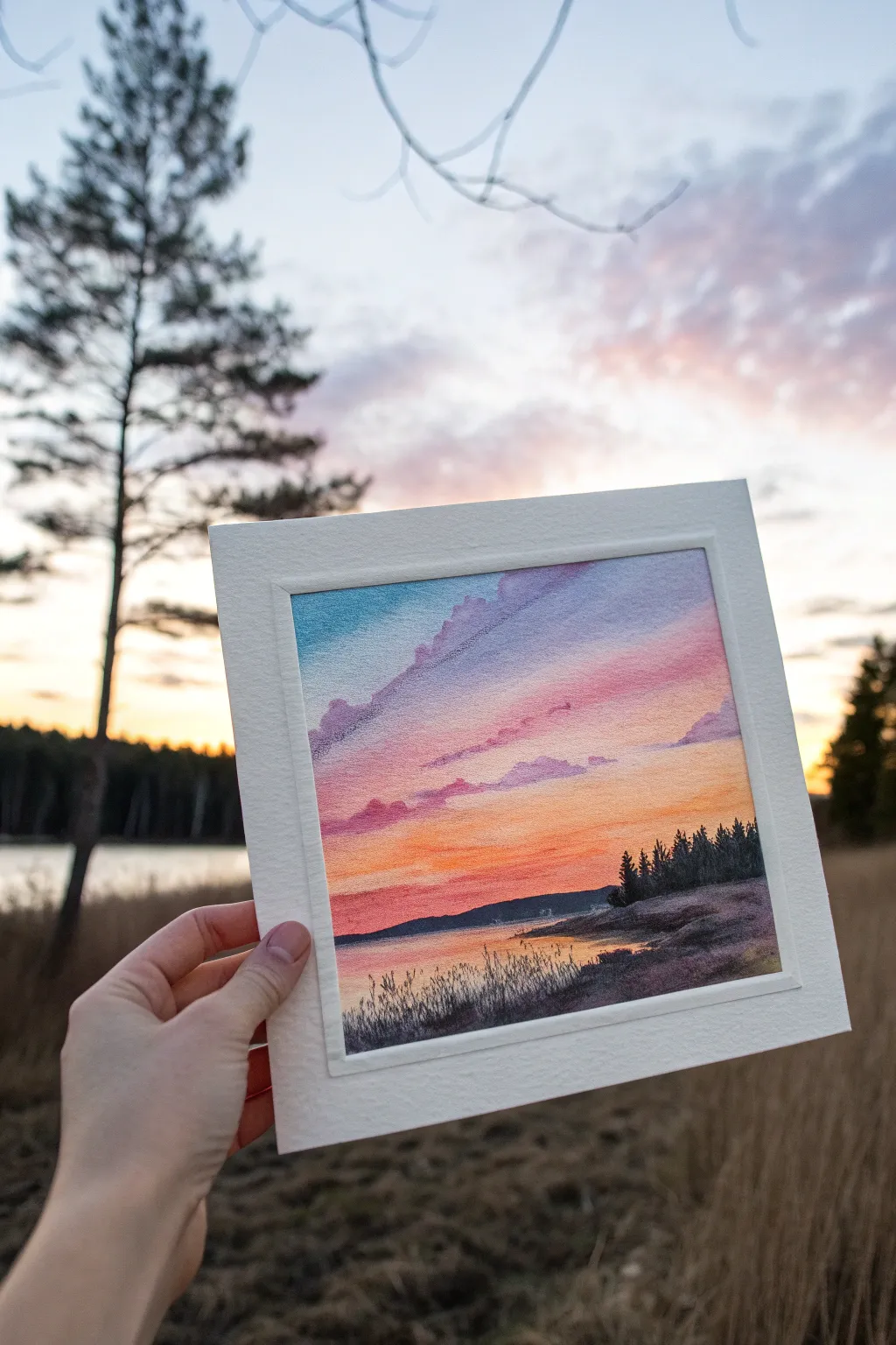Sunset gradient study with glowing warmth, cool upper sky, and a simple land silhouette