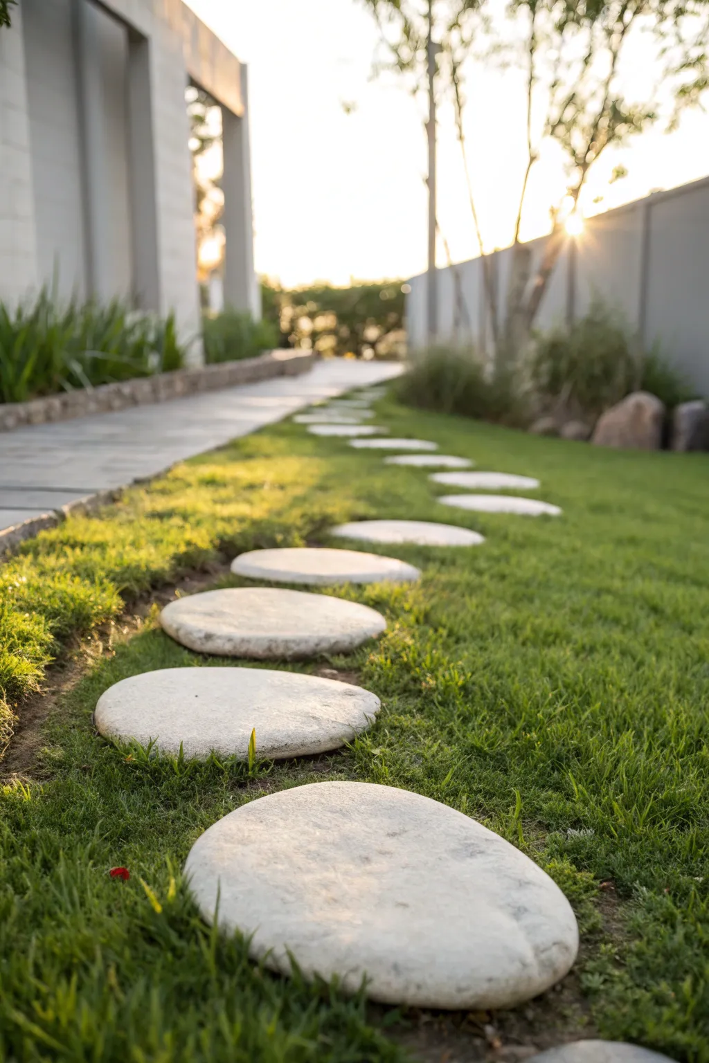 Soft grass, crisp stone steppers leading the eye to a quiet garden corner in minimalist calm.