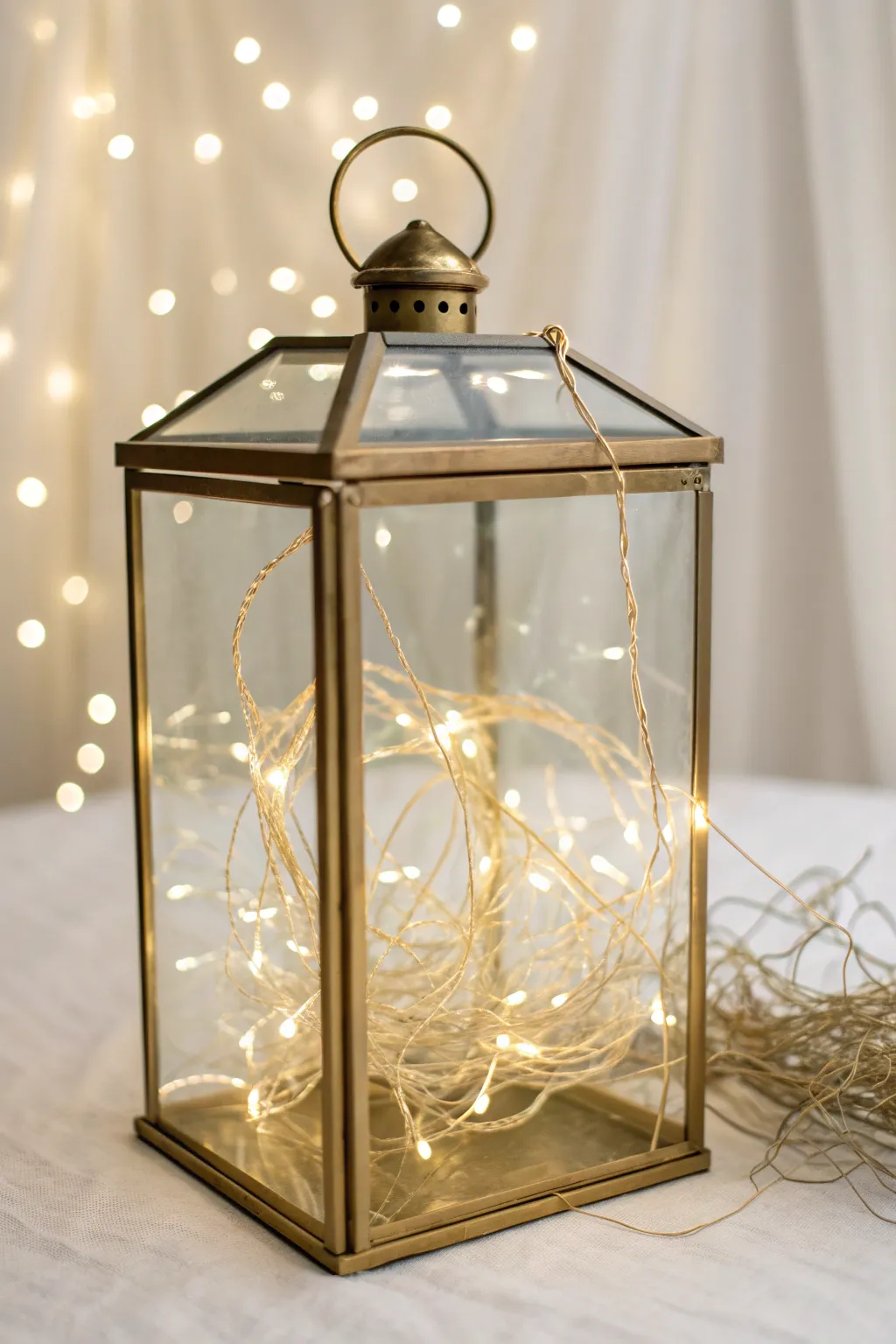 A glowing glass lantern packed with tangled fairy lights for cozy minimalist boho warmth