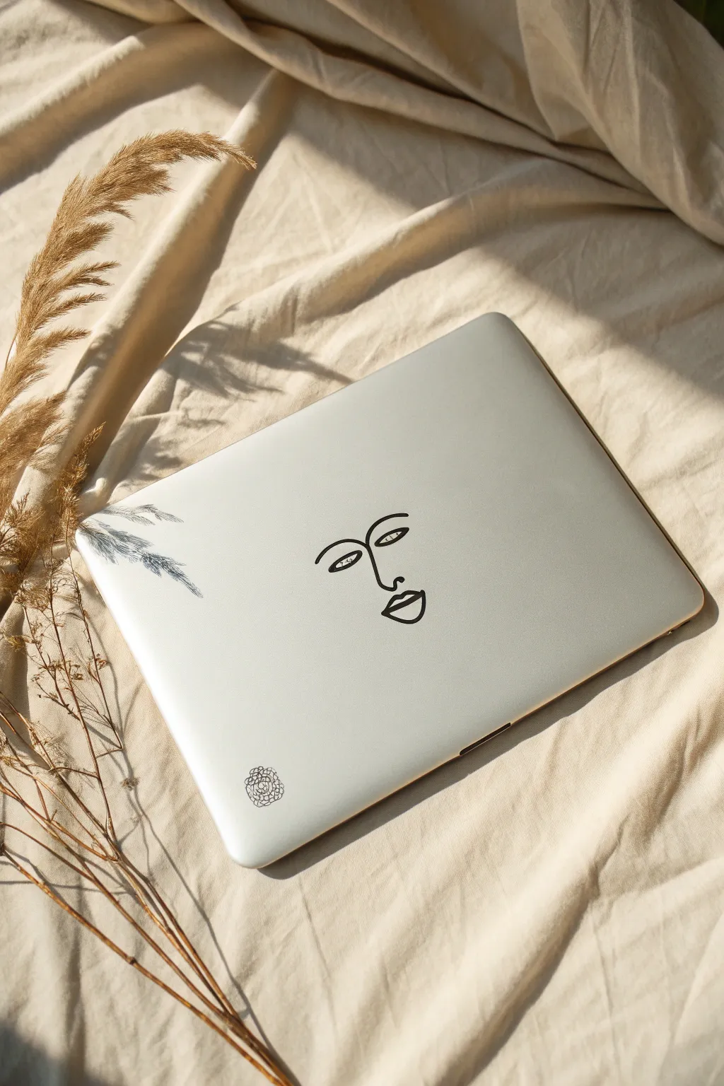 Minimal line art on a matte laptop lid, calm Scandinavian vibes with airy negative space.