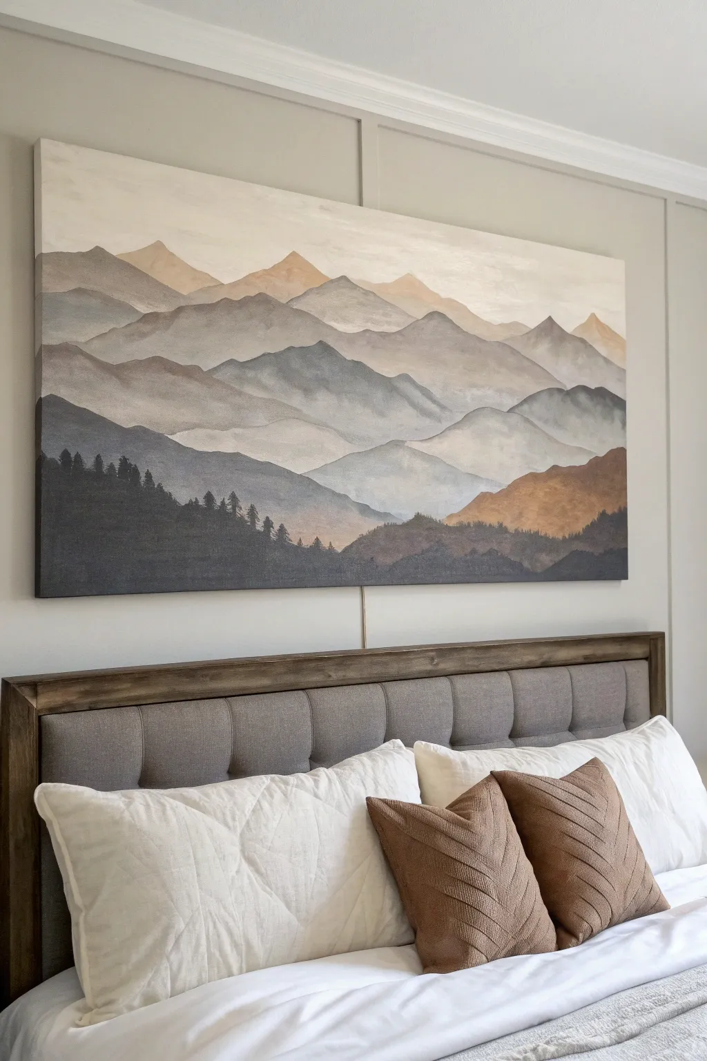 Minimal taupe mountain range on a large canvas, styled above the bed with airy negative space.