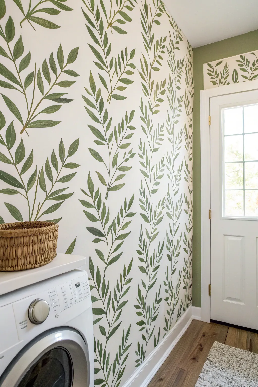 Repeat a simple leaf motif for a wallpaper look that stays graceful behind shelves and machines