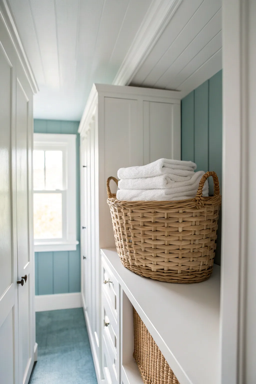 Soothing blue-gray walls and crisp white cabinets, styled simply with one woven laundry basket.