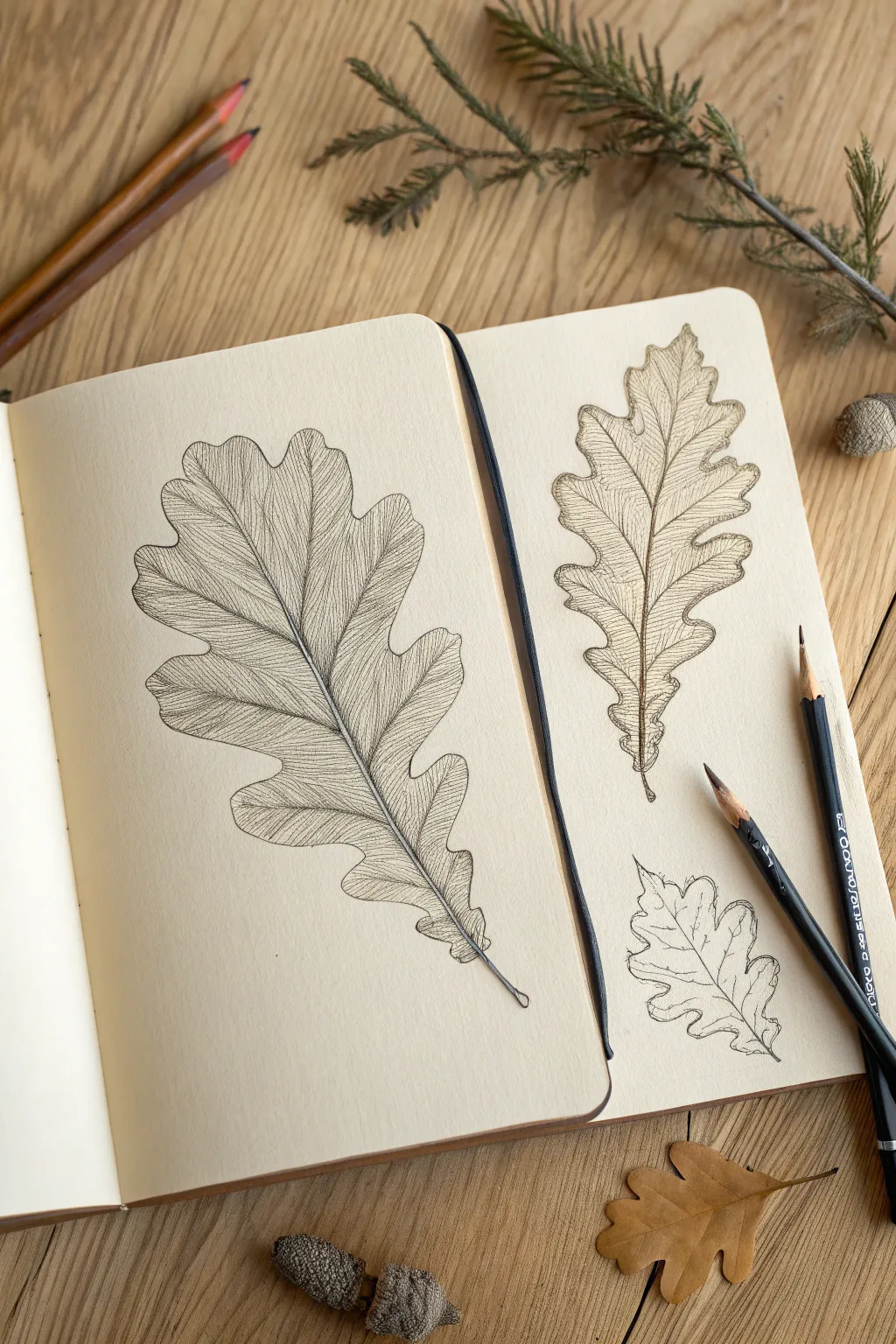 Calm oak leaf study page with clean outline and gentle shading, minimalist nature sketch.