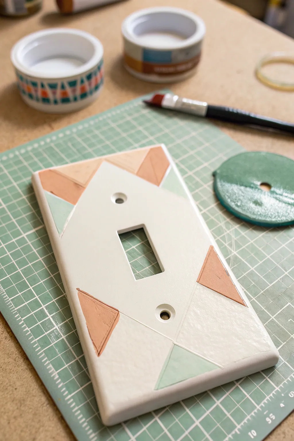 Crisp tape-blocked triangles turn a plain switch plate into modern Scandinavian color-block art.