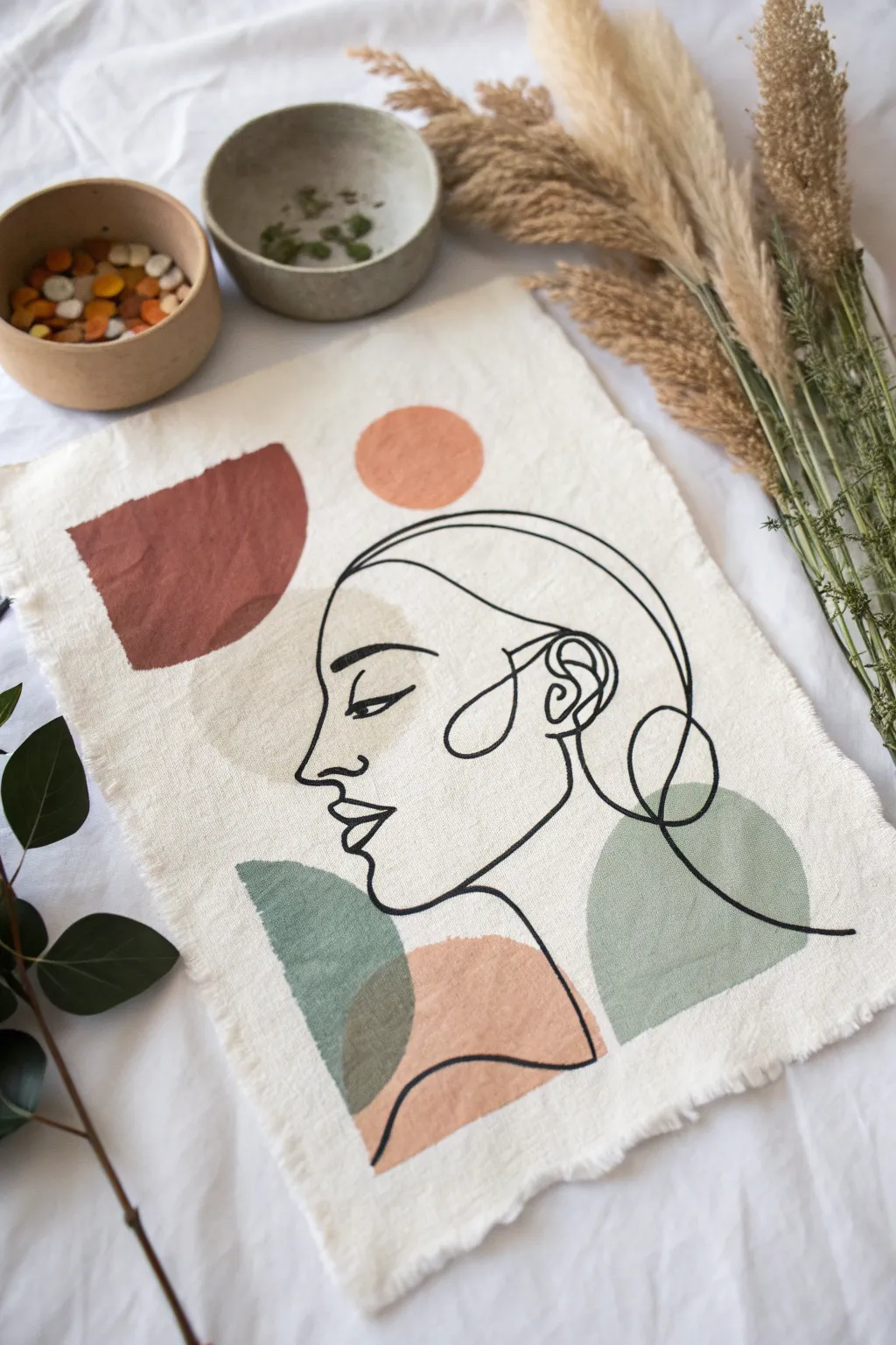 Minimal line art profile with layered earth-tone shapes, Scandinavian boho abstract inspo