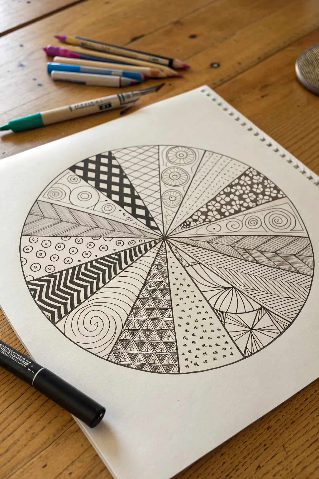 Pattern wheel circle packed with line motifs, a minimalist boho sampler for line design practice.