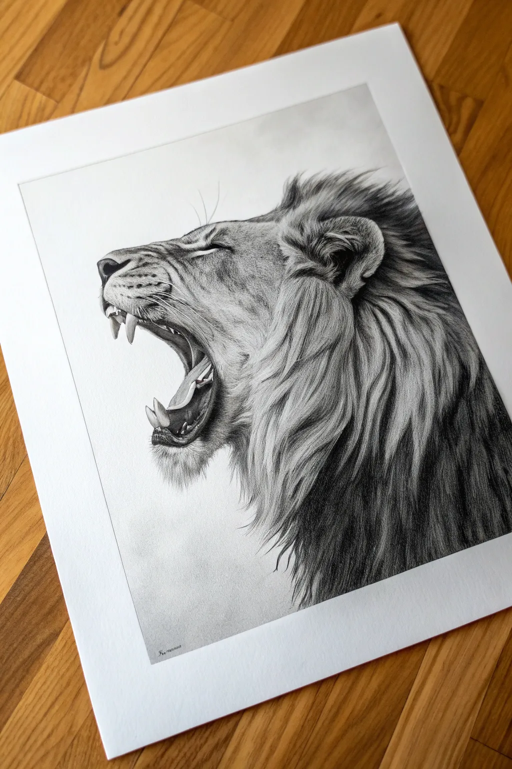 Roaring lion profile sketch with bold contrast, open jaw details, and flowing mane movement.