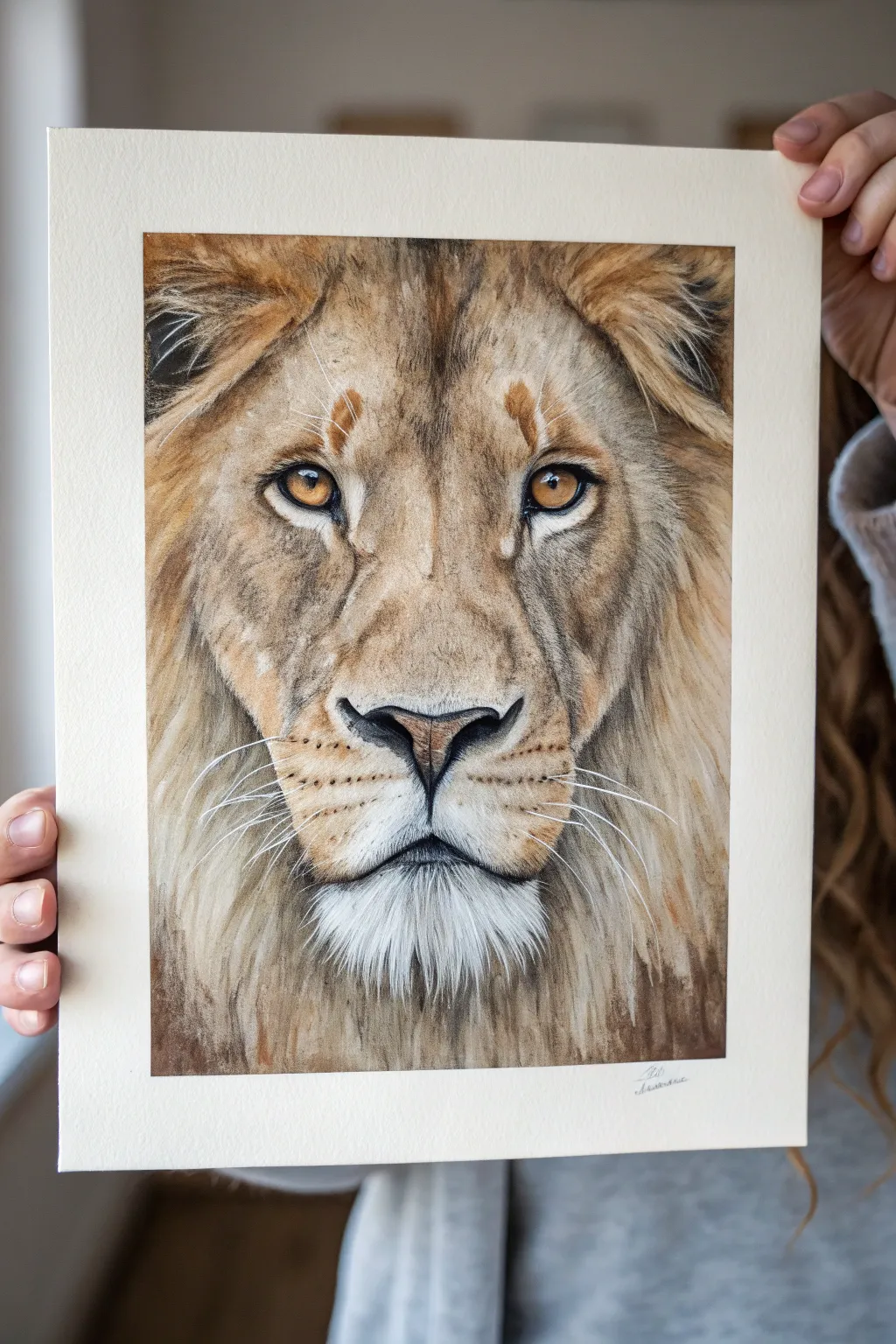 Direct gaze lion close-up with crisp eyes and loose mane strokes in warm minimalist tones