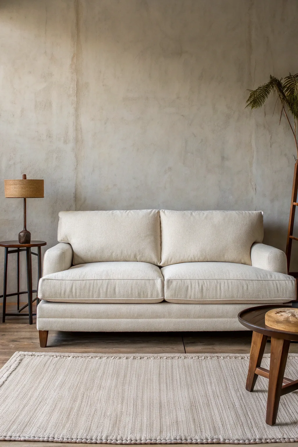 Greige walls effortlessly bridge warm woods and cool neutrals for a calm, flexible living room.