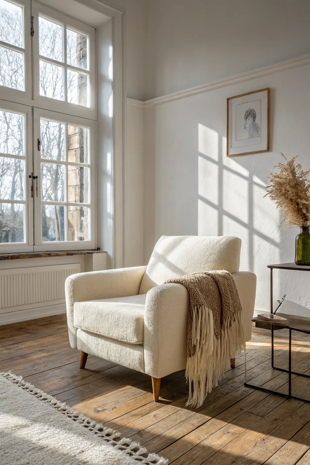 Layered creams and warm wood create a calm living room mood with soft, sunlit shadows.