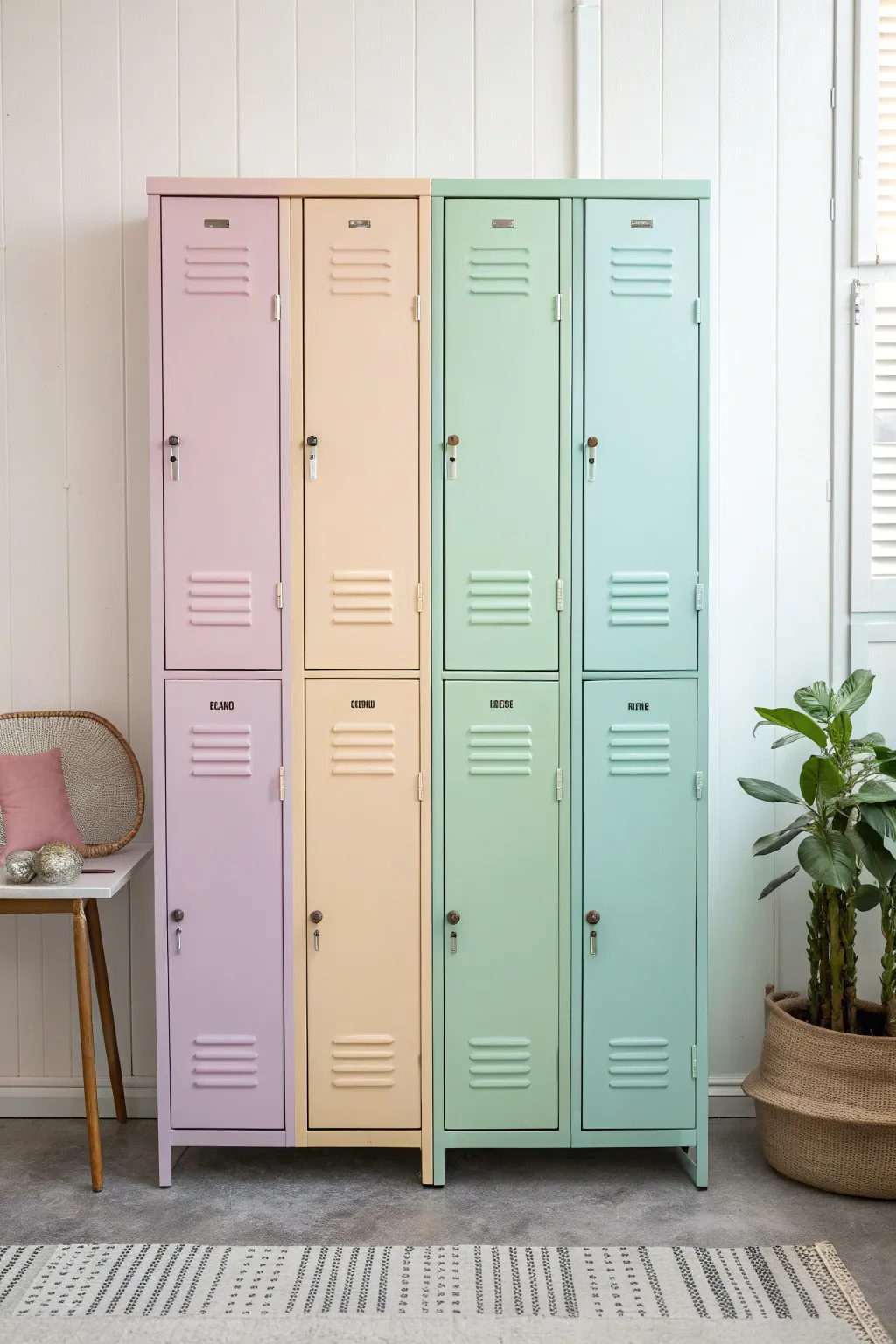 Pastel rainbow locker doors add cheerful contrast to a calm Scandinavian craft nook.