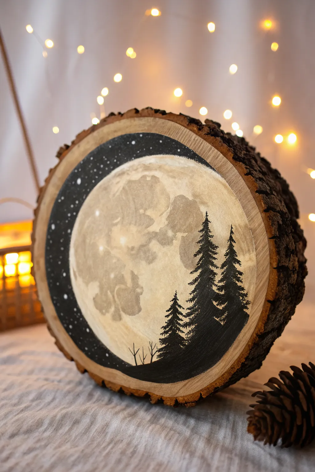 Moonlit forest silhouette on a wood round: bold black treeline and a glowing full moon.