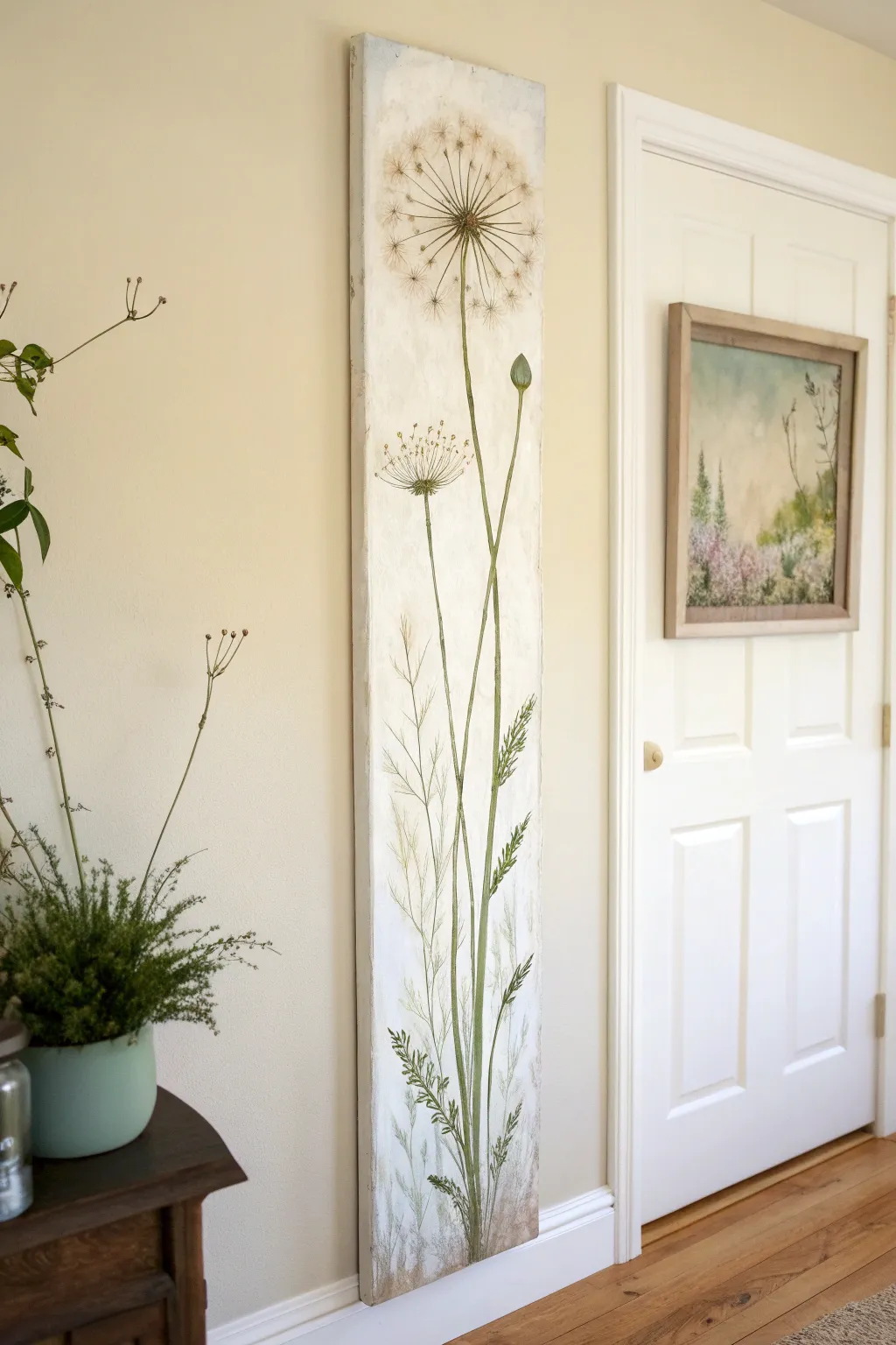 A single-stem wildflower on a tall canvas, filling vertical gaps with calm, airy elegance.