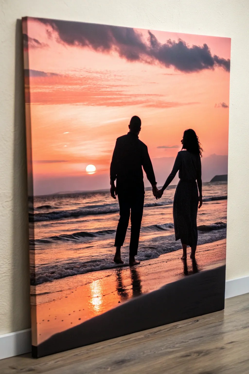 Couple silhouette holding hands at sunset, a minimalist love canvas painting idea with bold contrast