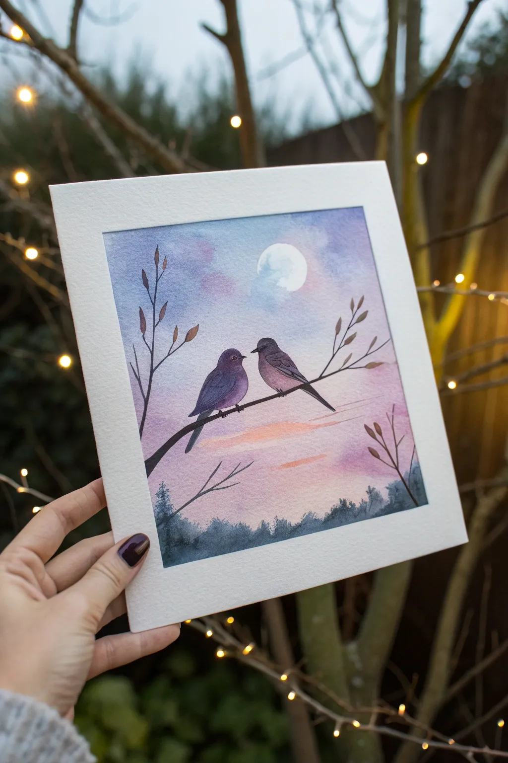 Soft dusk glow frames two lovebirds on a branch, a serene minimalist boho painting idea.