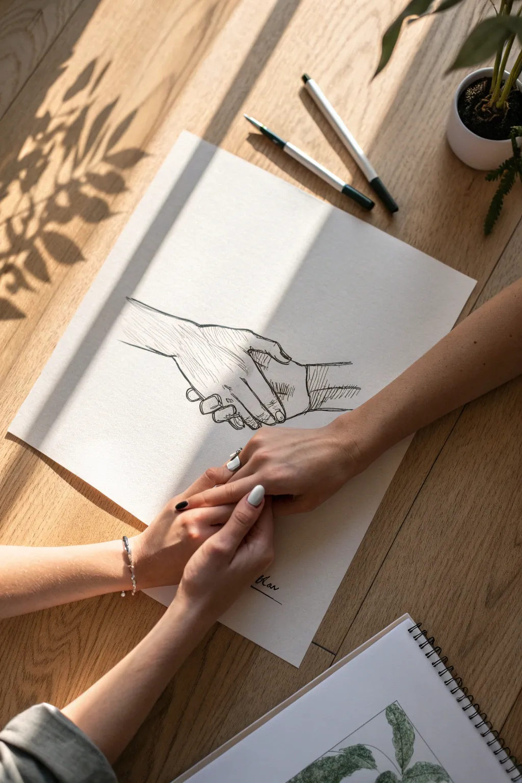 Interlaced fingers in soft graphite, a minimalist study of loyalty and quiet connection.