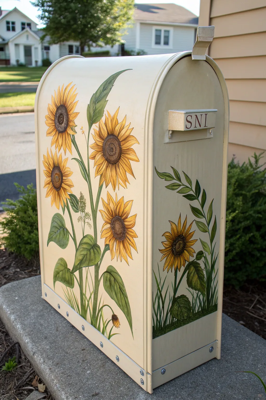 Neutral mailbox with sunny sunflower corner blooms, Scandinavian minimal style with warm boho glow