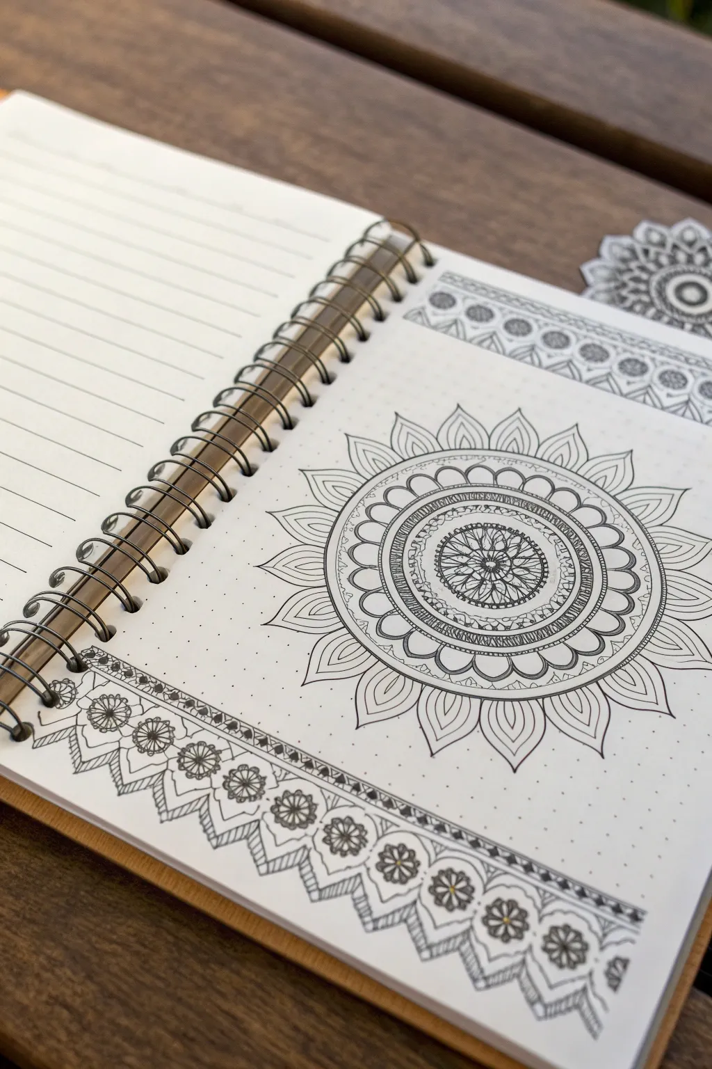 Scalloped arch border bands sampler with matching mandala ring, clean lines and calm contrast.