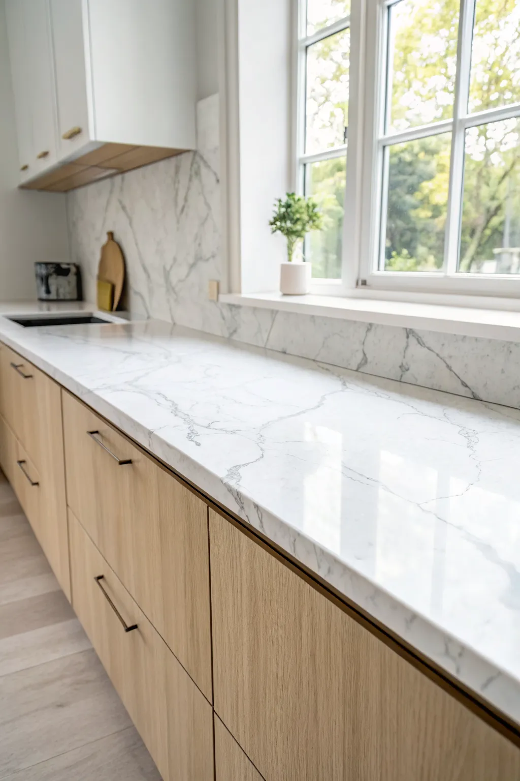 One continuous marble vein flowing from countertop to full-height backsplash for a serene kitchen moment