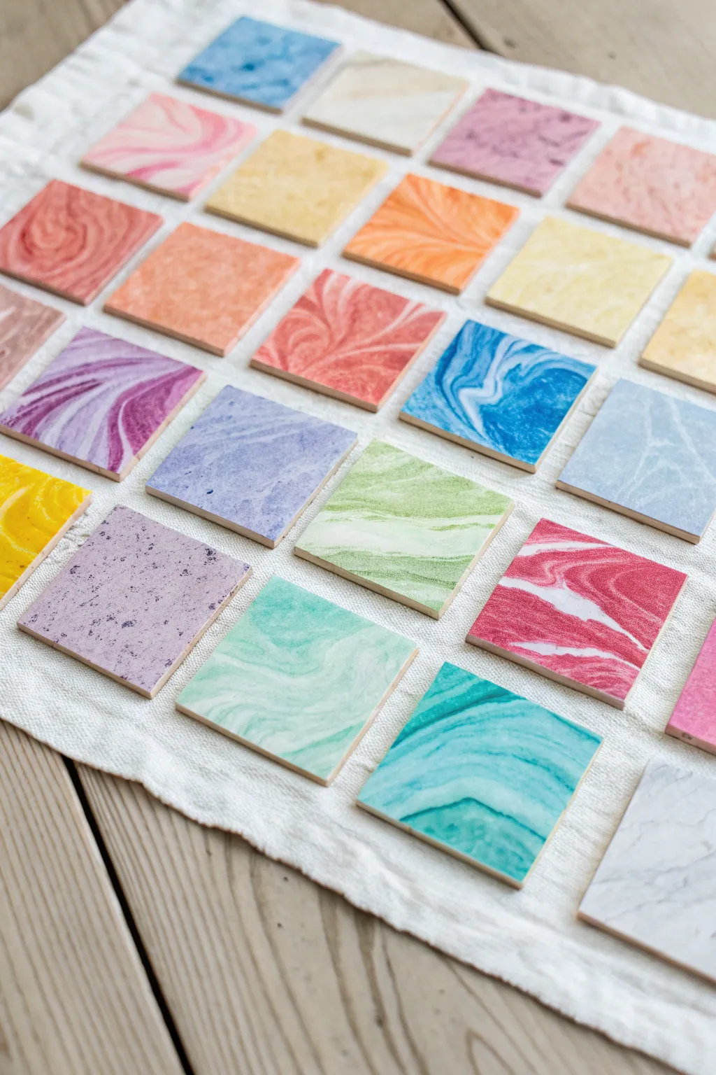 Rainbow marble sampler grid with warm, cool, pastel, and neon swirls for modern painting ideas.