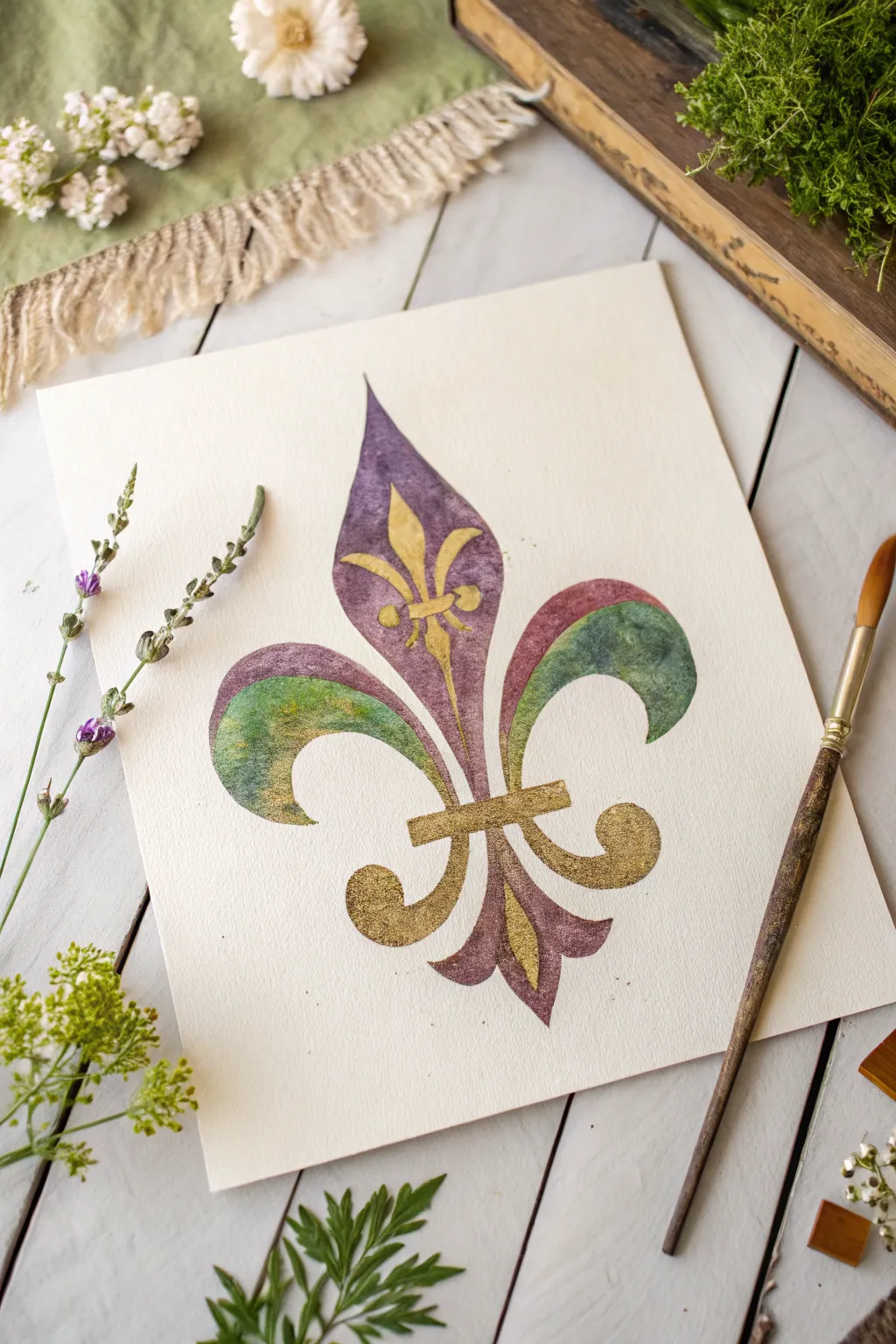 Paint a bold fleur-de-lis with layered purple, green, and gold brushwork on clean white space.