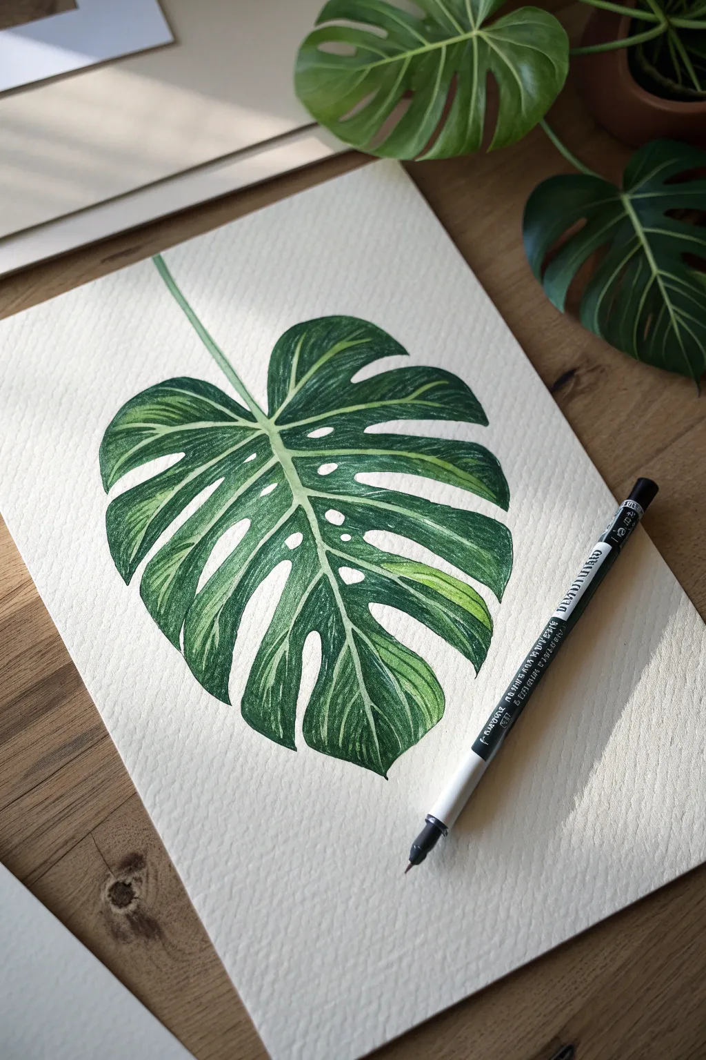Master the gradient blend of emerald and lime markers for this lush Monstera leaf.