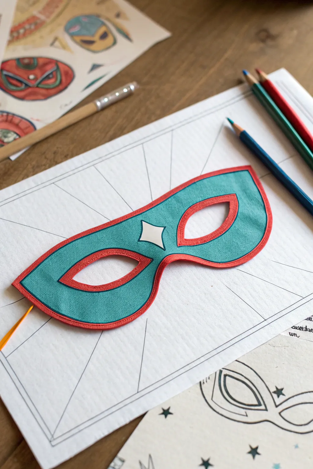 Bold superhero eye mask painting with crisp edges, pencil guides, and comic-style shading
