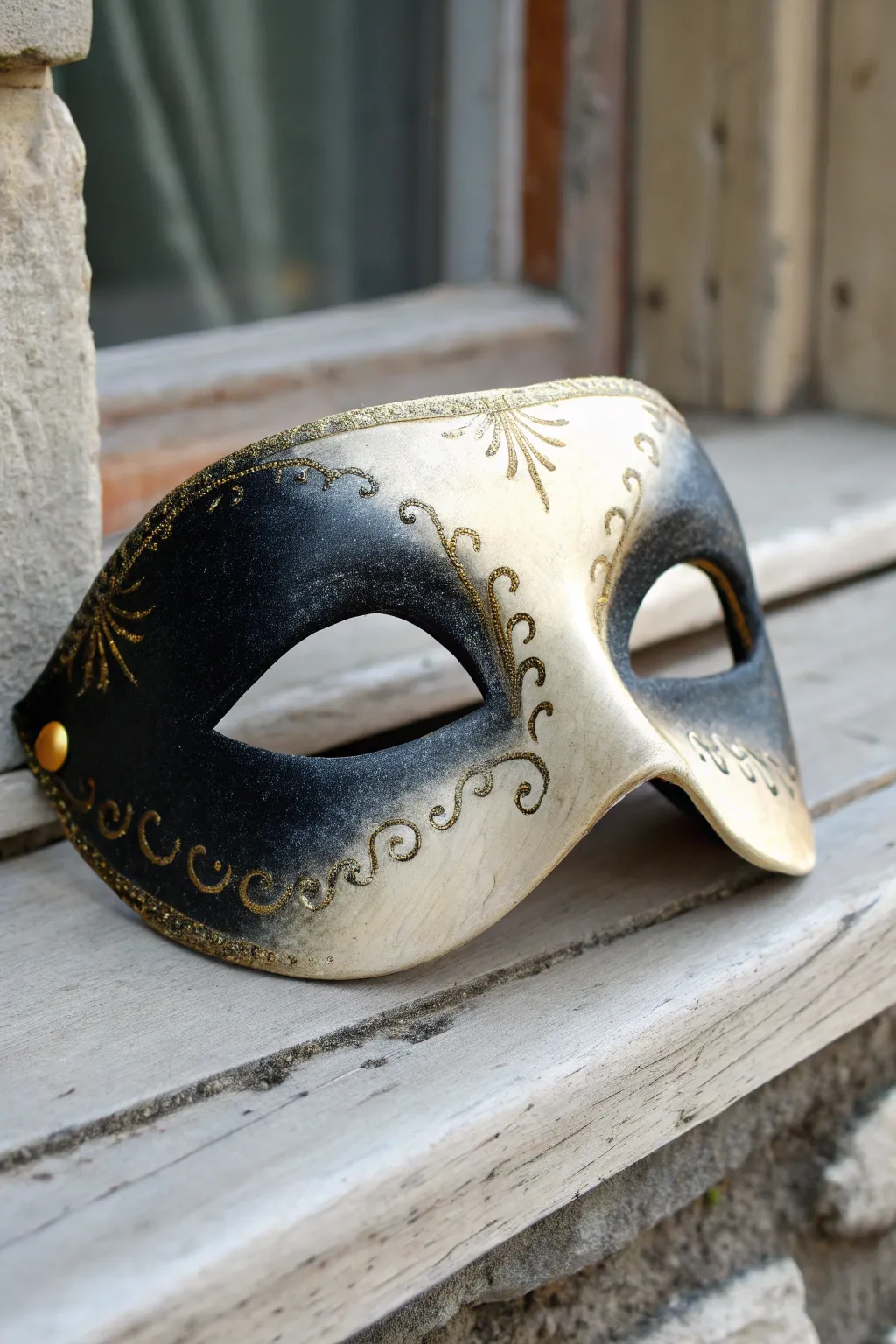 Elegant half-mask ombre fade from charcoal to ivory, minimalist boho style with crisp contrast