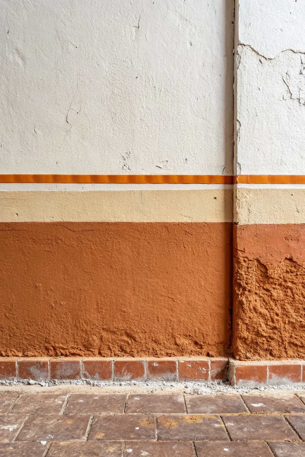 Crisp color-blocked half wall with tape still on, revealing a perfectly sharp paint divider.