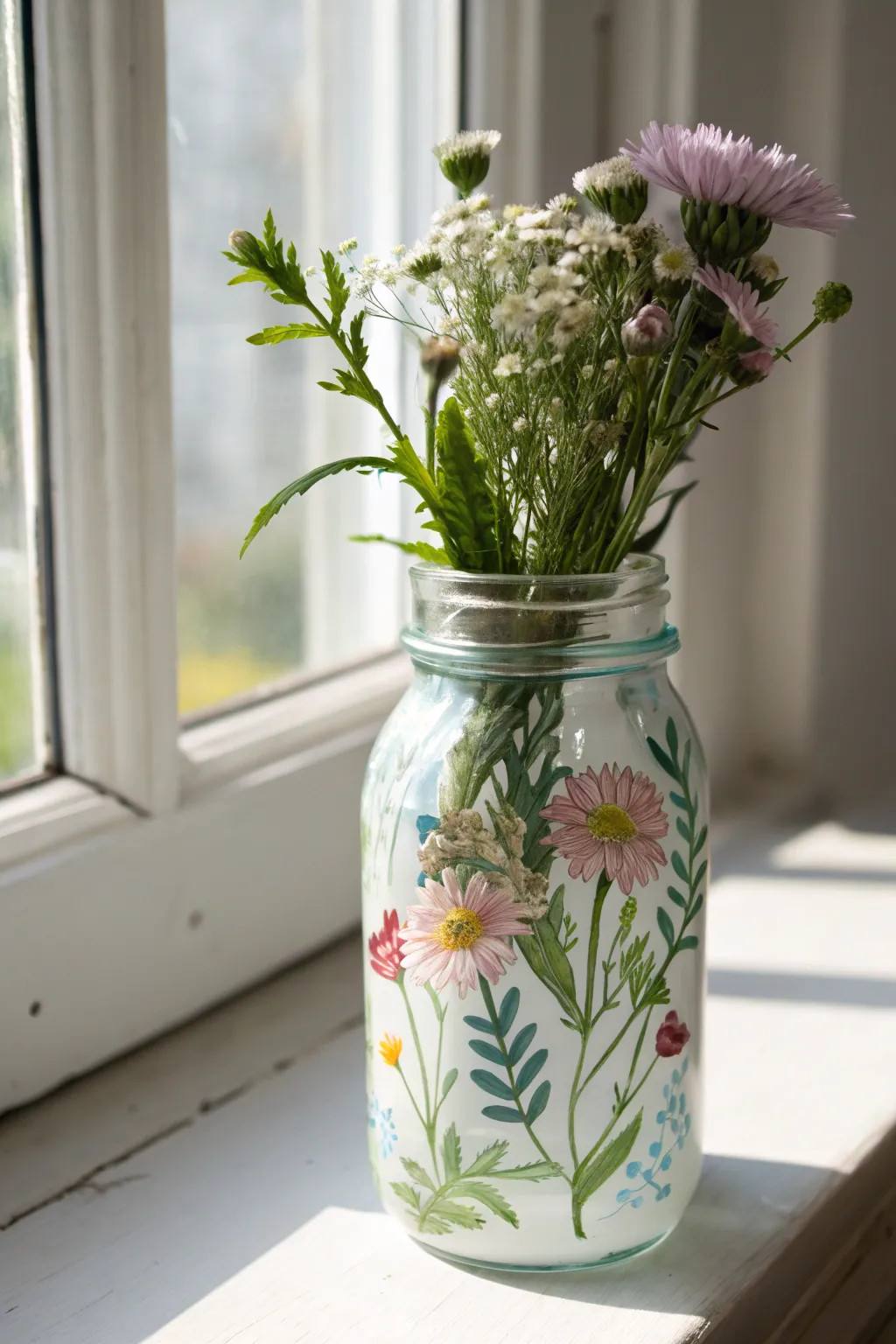 Hand-painted wildflower mason jar vase in soft window light, minimal Scandinavian boho vibe