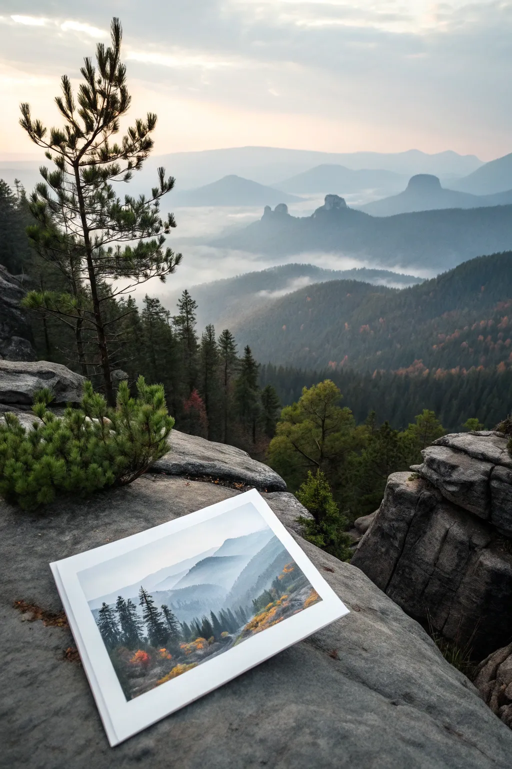 Fog-layer matte painting: crisp rocks to misty peaks, showing airy atmospheric depth and calm mood.