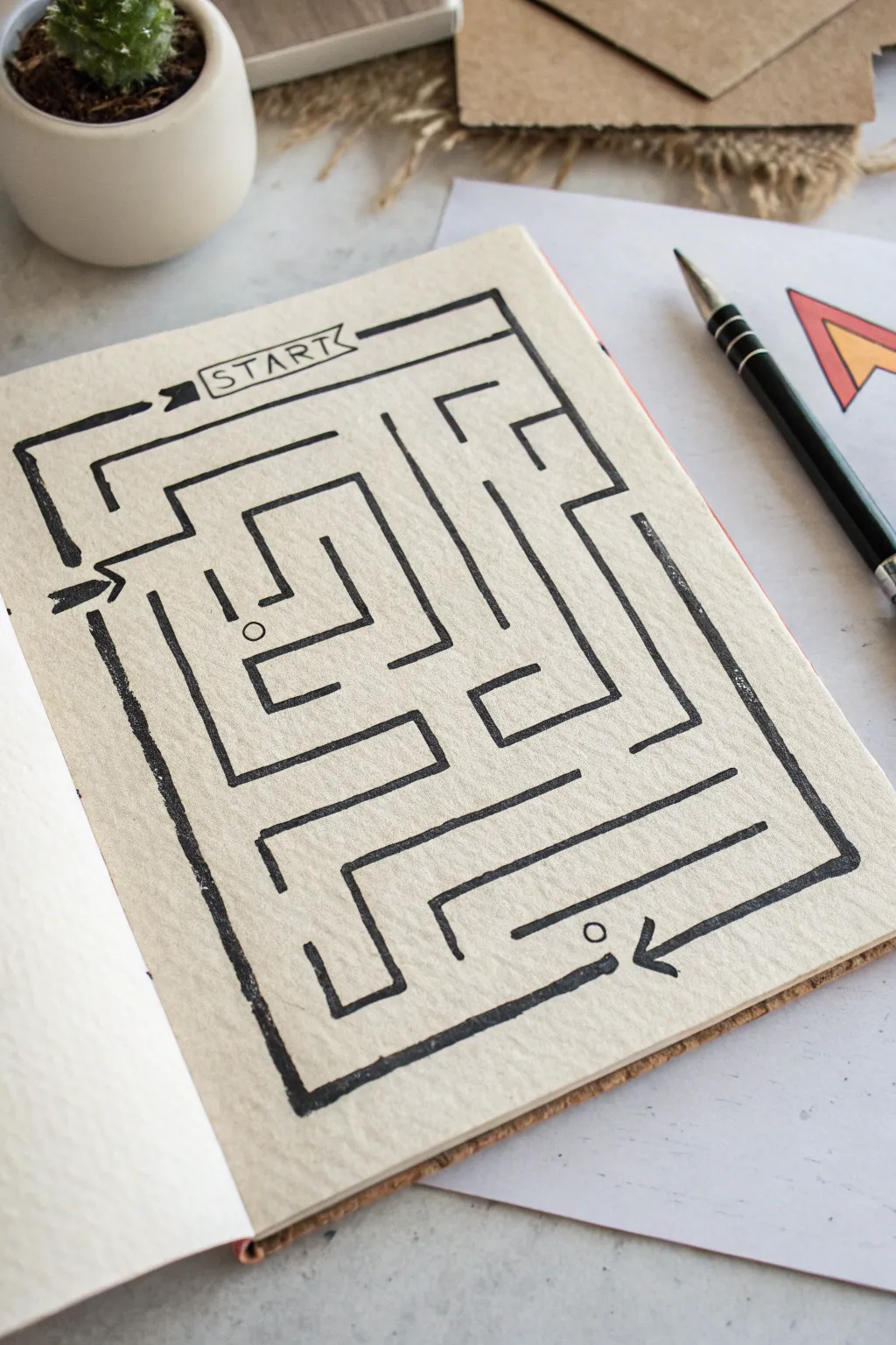 Minimal start-and-finish icon maze line art with Scandinavian simplicity and a warm boho touch