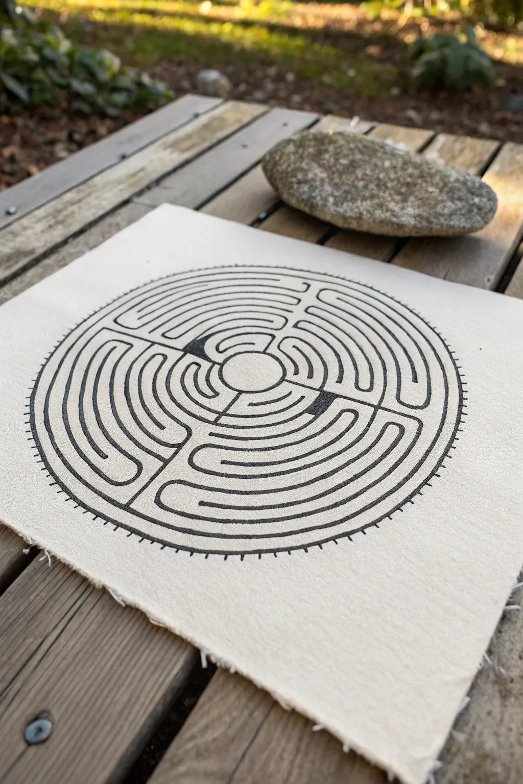 Calming circular labyrinth spiral drawn in crisp ink, a minimalist maze idea with boho warmth.