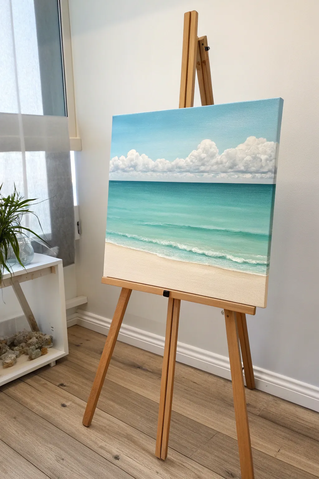 Serene medium-canvas ocean horizon: soft cloud shapes, gentle bands, and airy negative space.