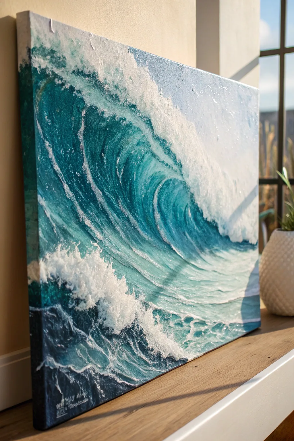 Palette-knife ocean wave texture: glossy deep blues and crisp white foam in bold relief