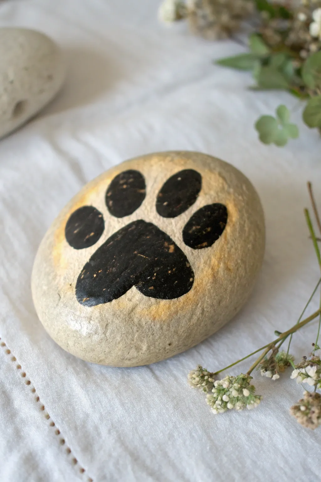 Minimalist pet memorial rock with bold paw print and gentle halo glow, calm and heartfelt.