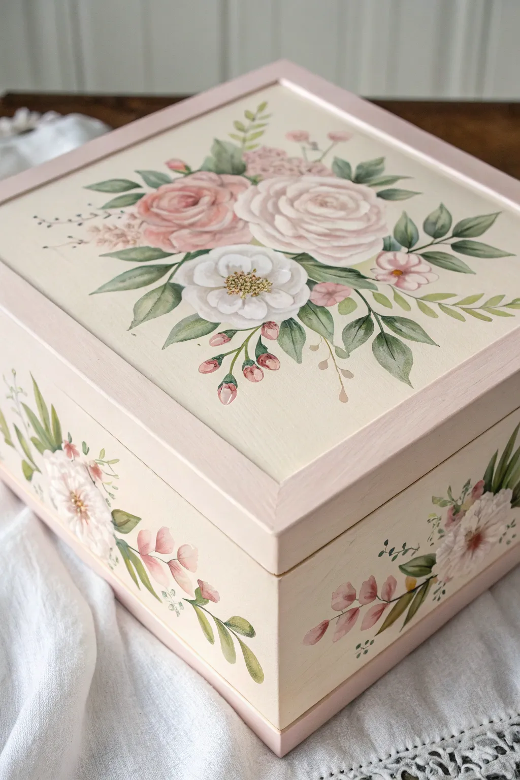 Pastel memory box with soft corner florals and a clean center, perfect for a name later.