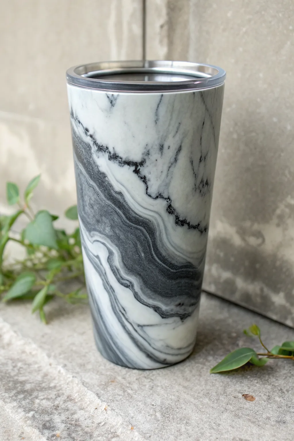 Concrete-marble epoxy tumbler in gray and black, styled minimally on a stone backdrop.