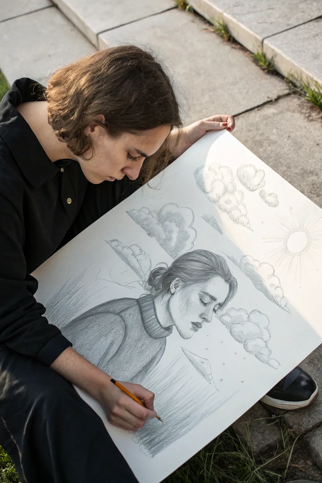 Sketch todays feelings in a quiet self-portrait with bold shadows, soft clouds, and calm halos