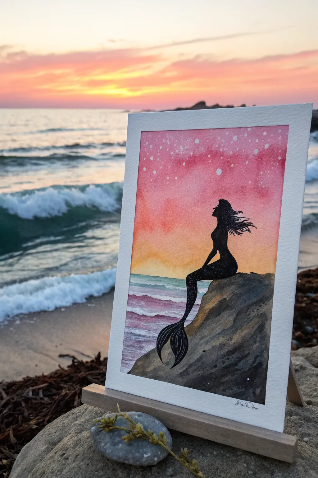 Paint a bold mermaid silhouette against a glowing pink-orange sunset for instant coastal magic