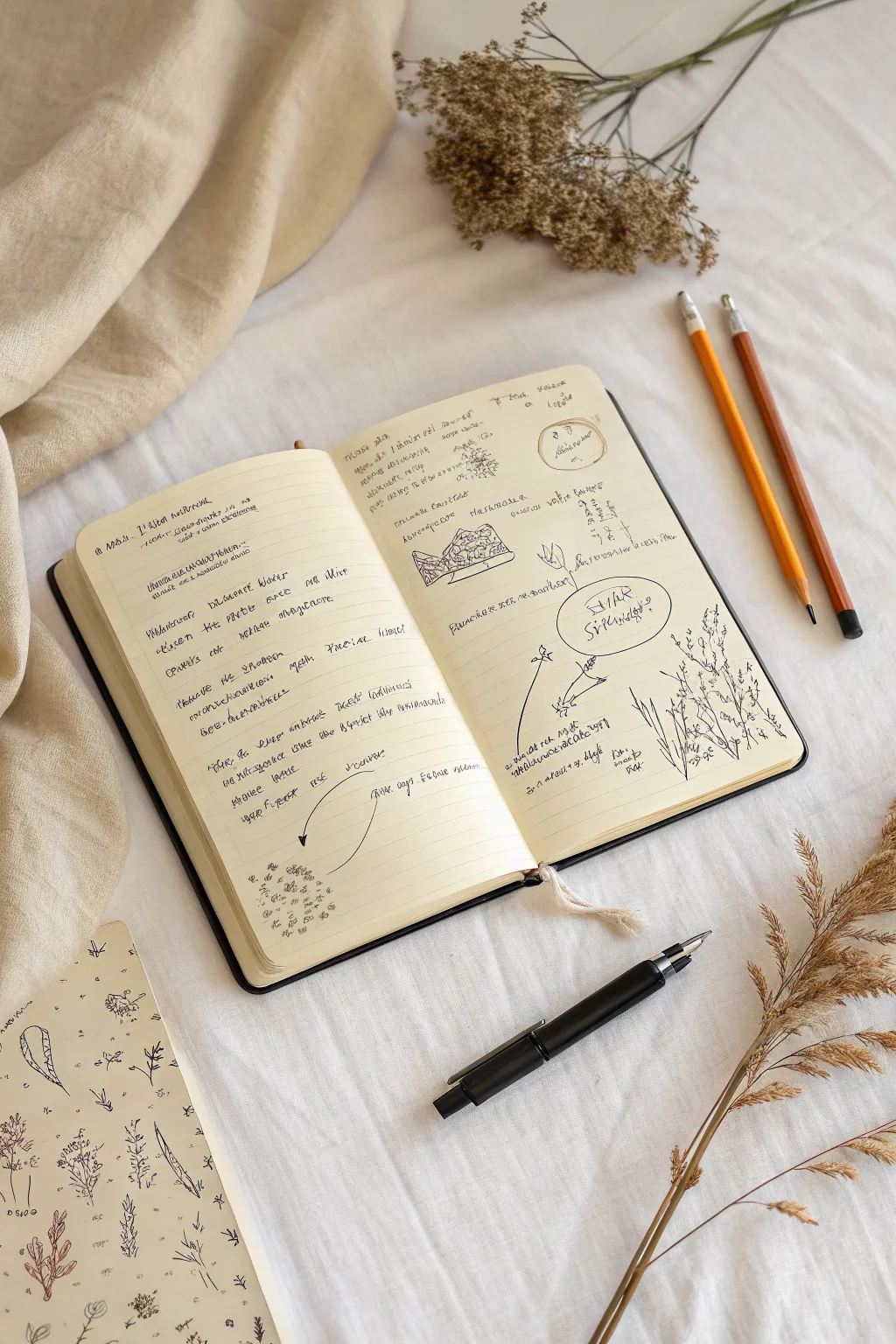 Messy brain dump sketchbook page with arrows, scribbles, and margin doodles for inspiration