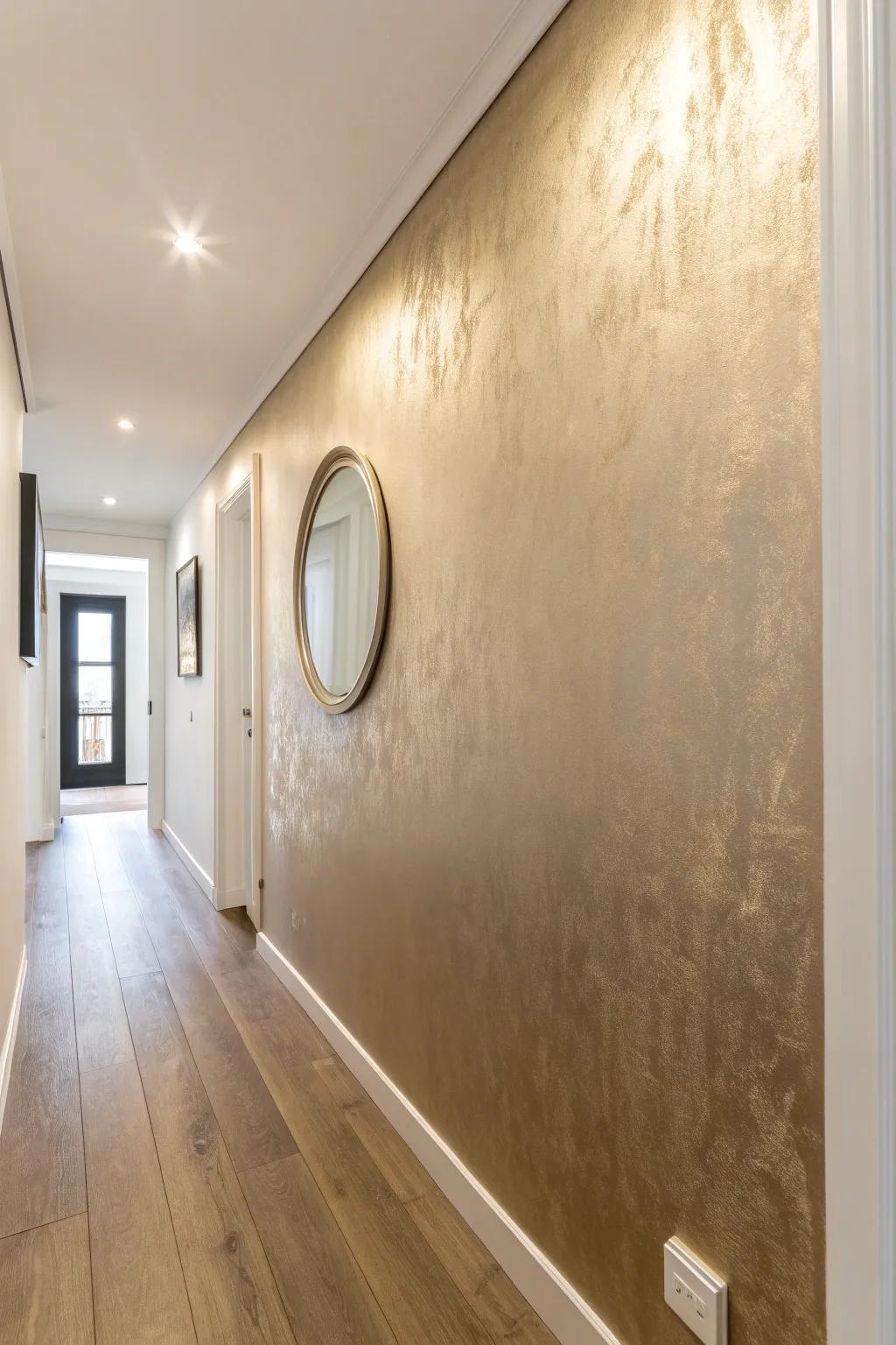 Champagne metallic wall paint catching a soft sunbeam for a refined, welcoming entryway glow