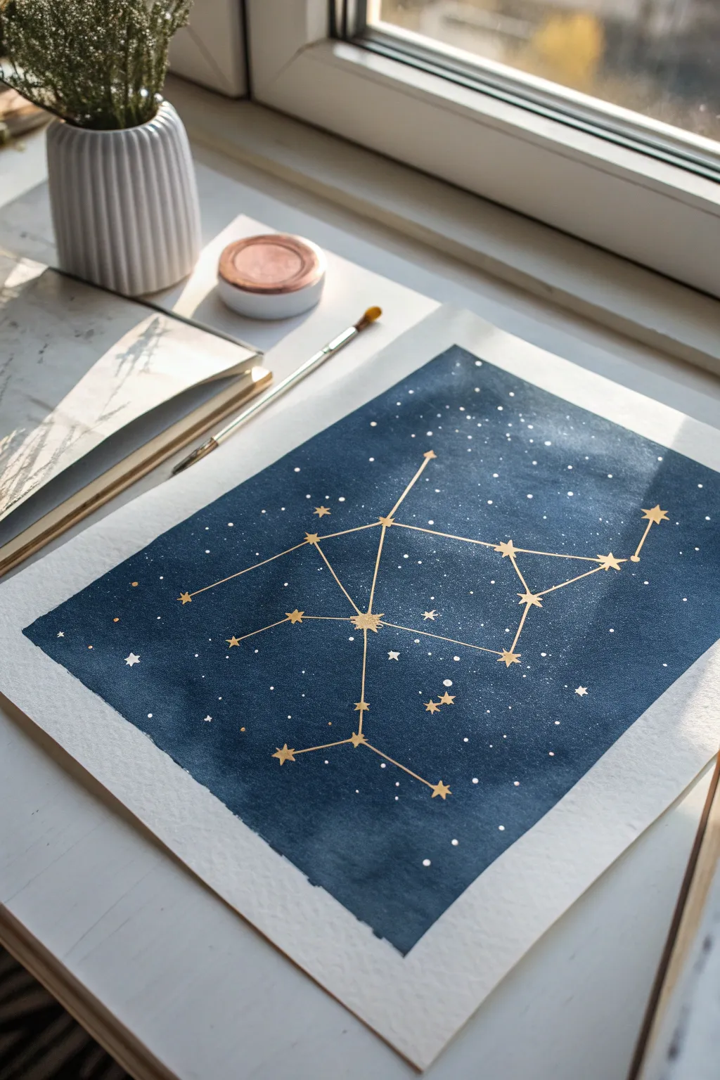 Minimalist metallic constellation map on a moody indigo wash, calm Scandinavian boho vibes
